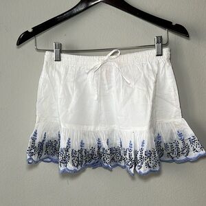 RAGA Anthropologie Embroidered Floral Cotton Mini Skirt in White & Purple